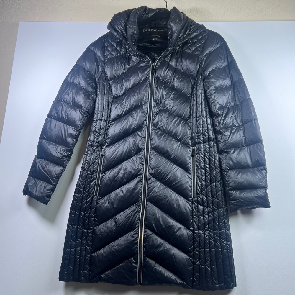 BCBGeneration Puffer Jacket Women Down Coat Hooded Quilted Packable M Black